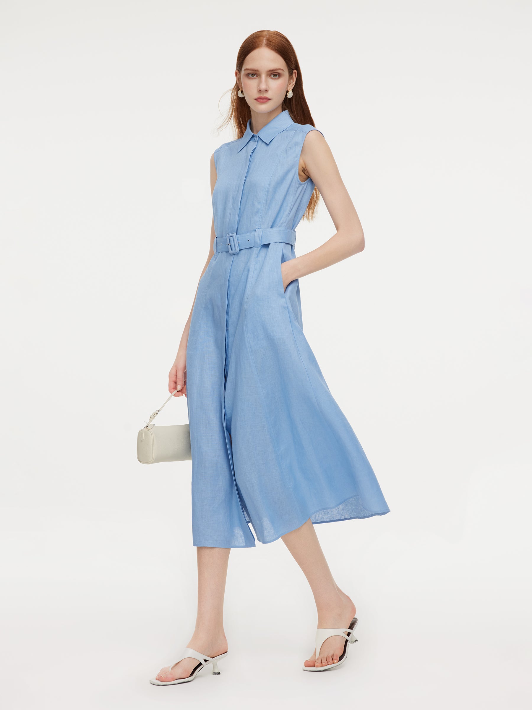 100% Linen Women Maxi Shirt Dress With Belt GOELIA