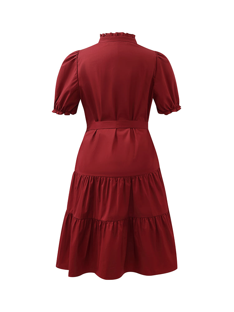 Puff Sleeves Tiered Women Mini Dress With Belt GOELIA