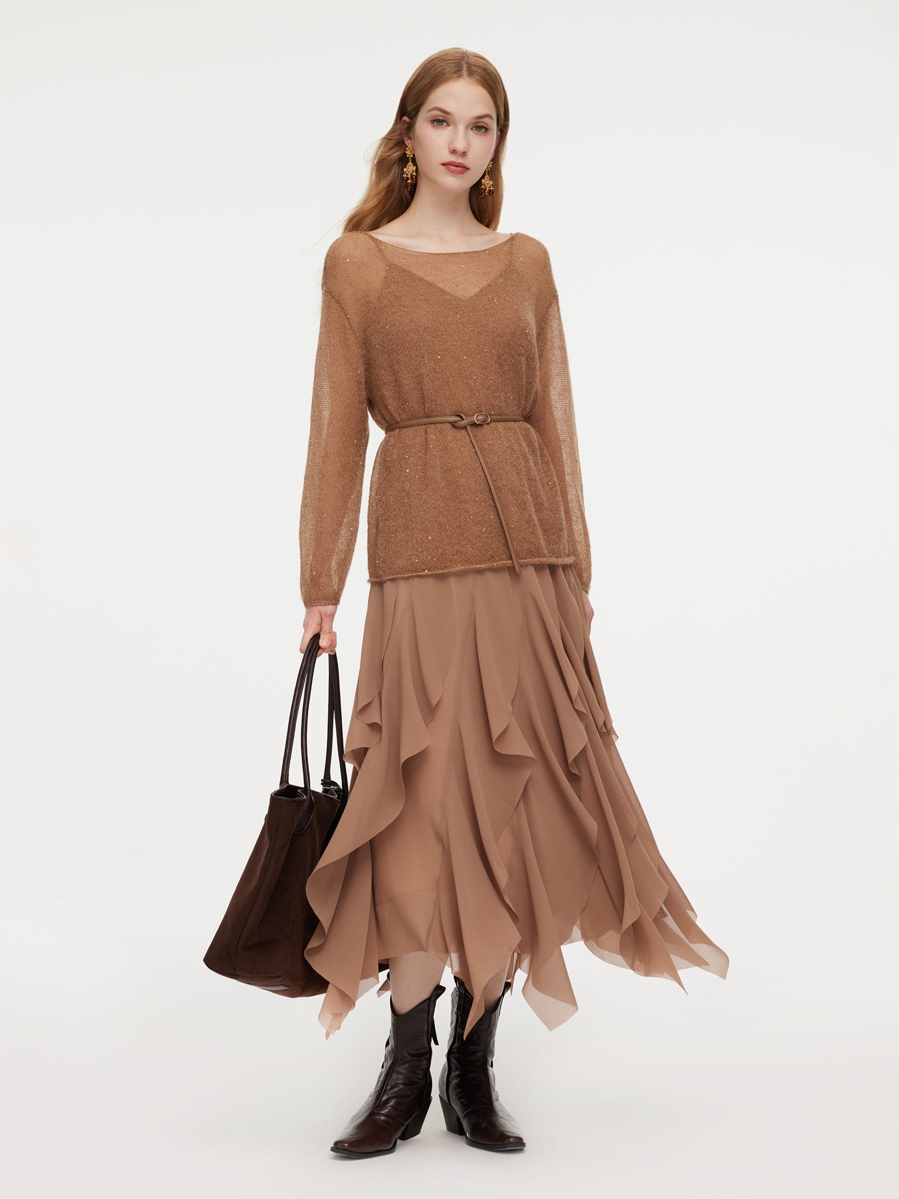 Sequins Knit Top And Strap Cascading Ruffle Dress Belted Two-Piece Set GOELIA