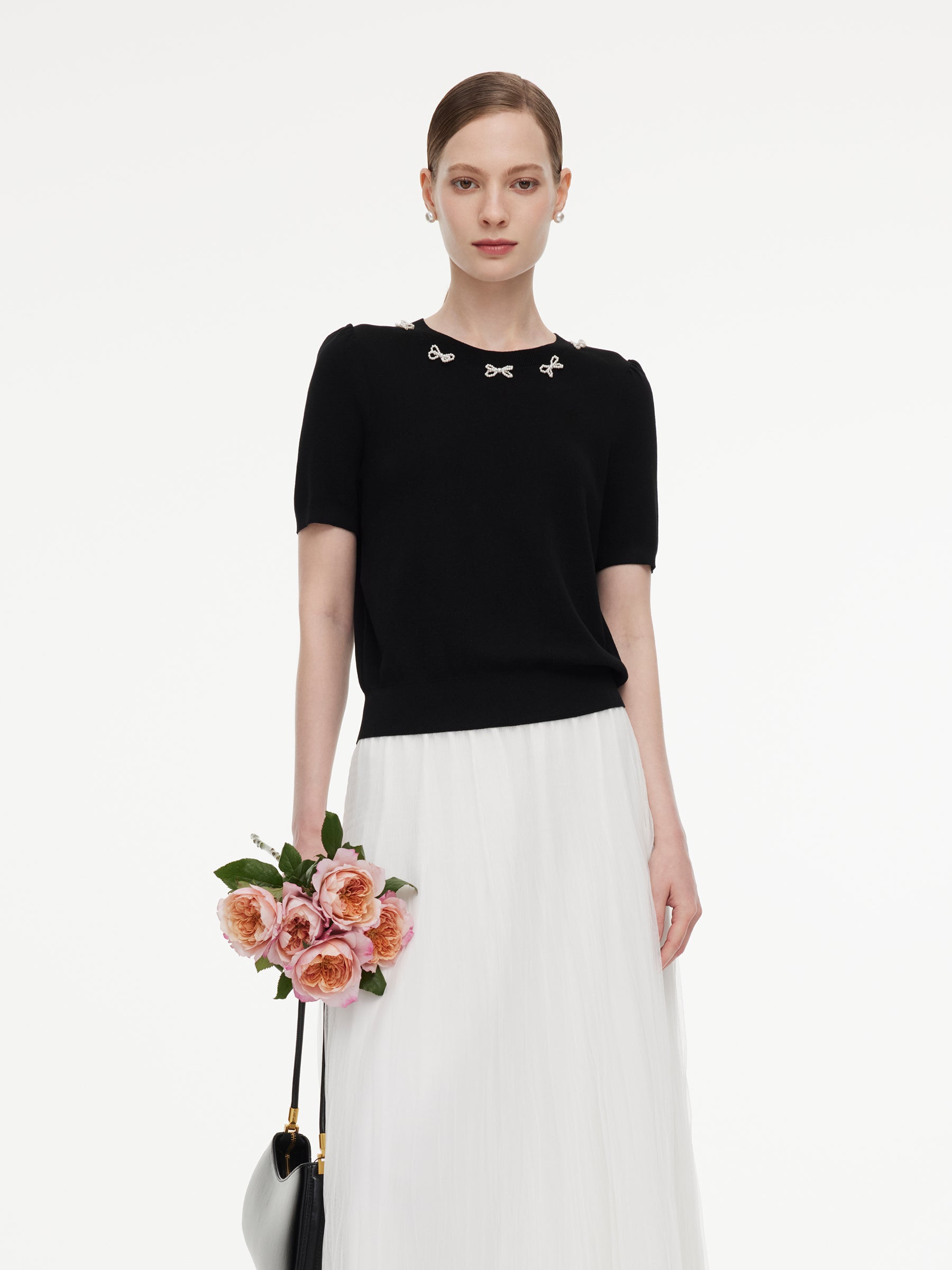 Lyocell Blend Beaded Bowknot Women Knit Top GOELIA