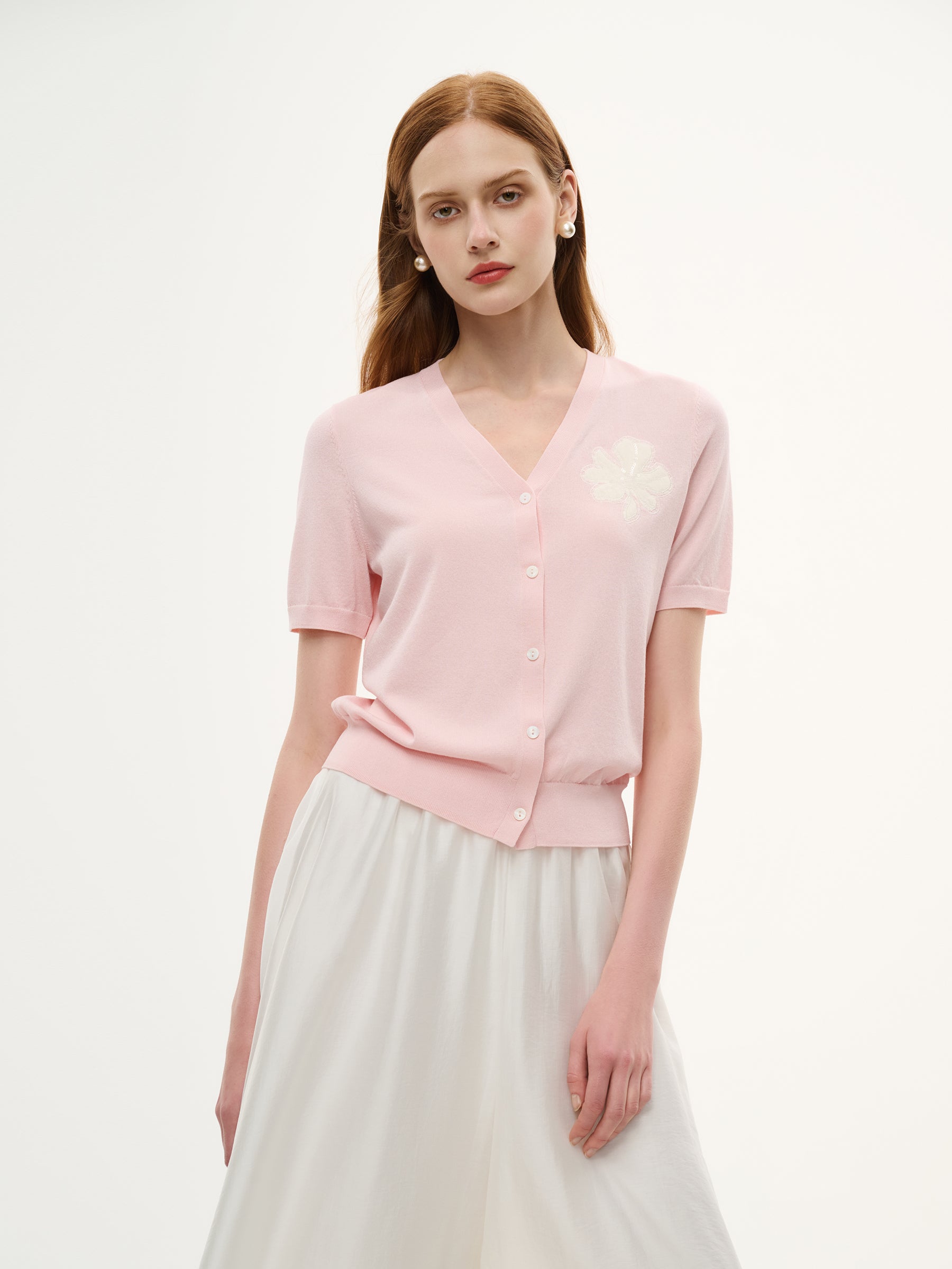 Tencel Blend Floral Embroidered Women Short Sleeve Cardigan GOELIA
