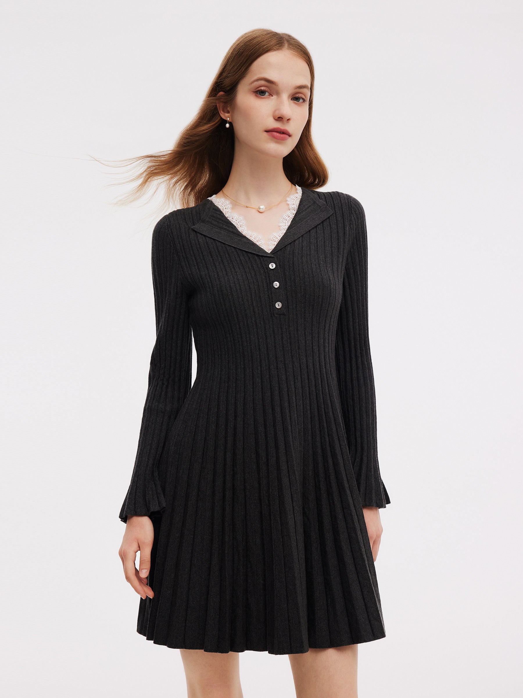 Lyocell Blend Faux Two-Piece Women Pleated Knit Mini Dress GOELIA