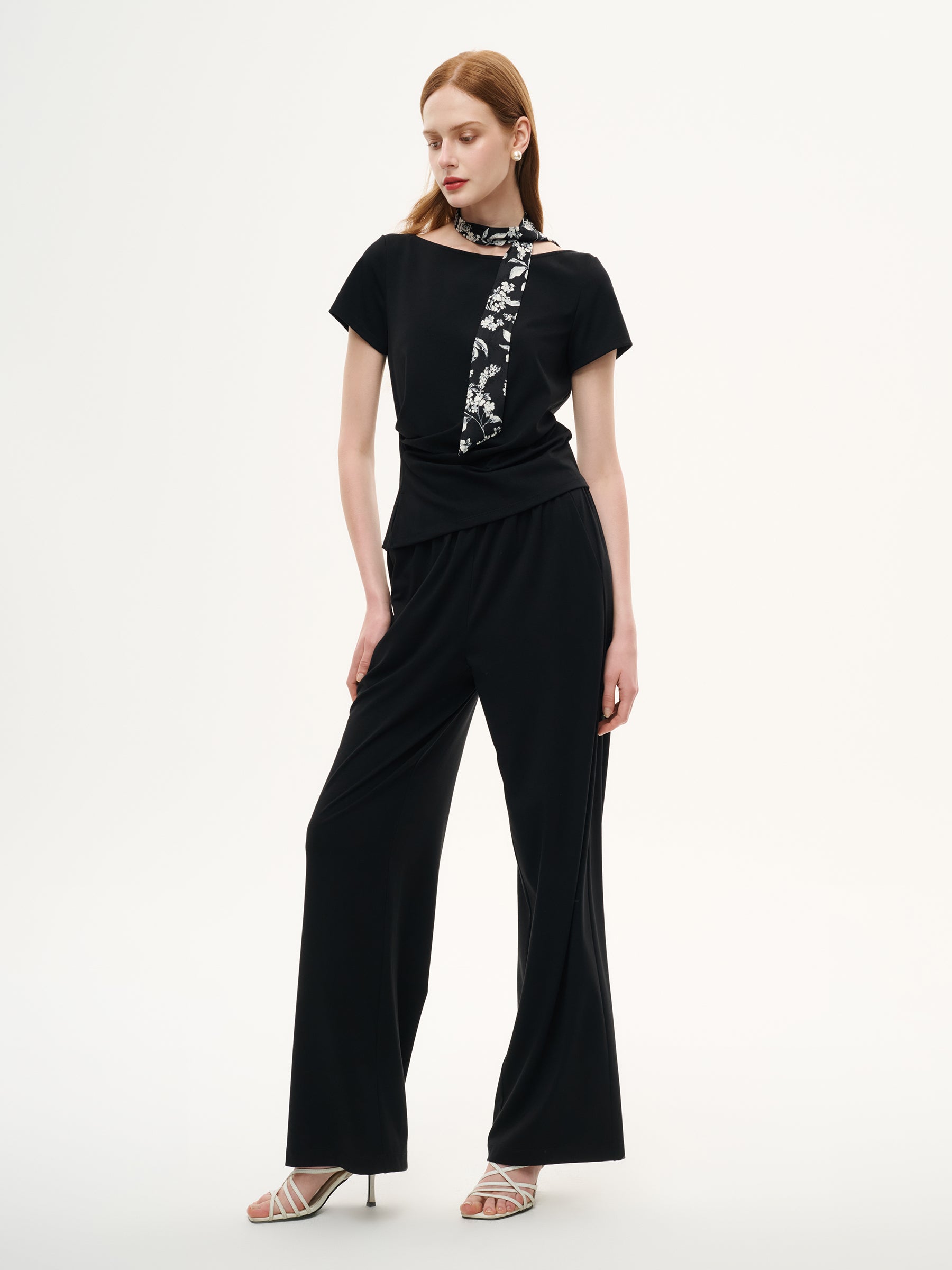 Boat Neck Side Ruched Top And Pants Two-Piece Set With Floral Print Scarf GOELIA