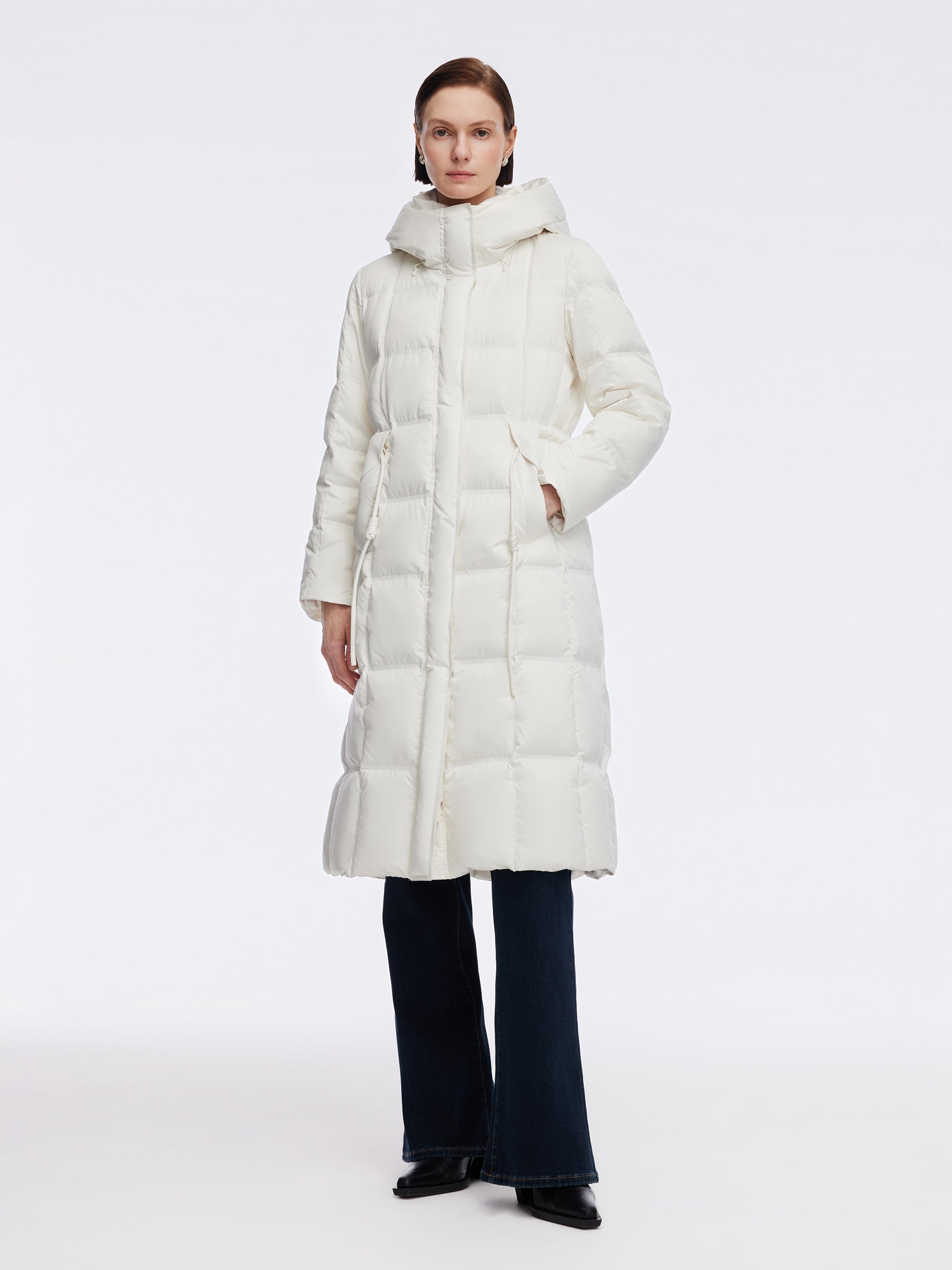 [Preview] Drawstring Adjustable Waist Hooded Long Goose Down Coat GOELIA