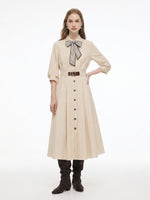 Cotton Blend 3/4 Ruched Sleeve Women Belted Maxi Shirt Dress With Silk Scarf GOELIA