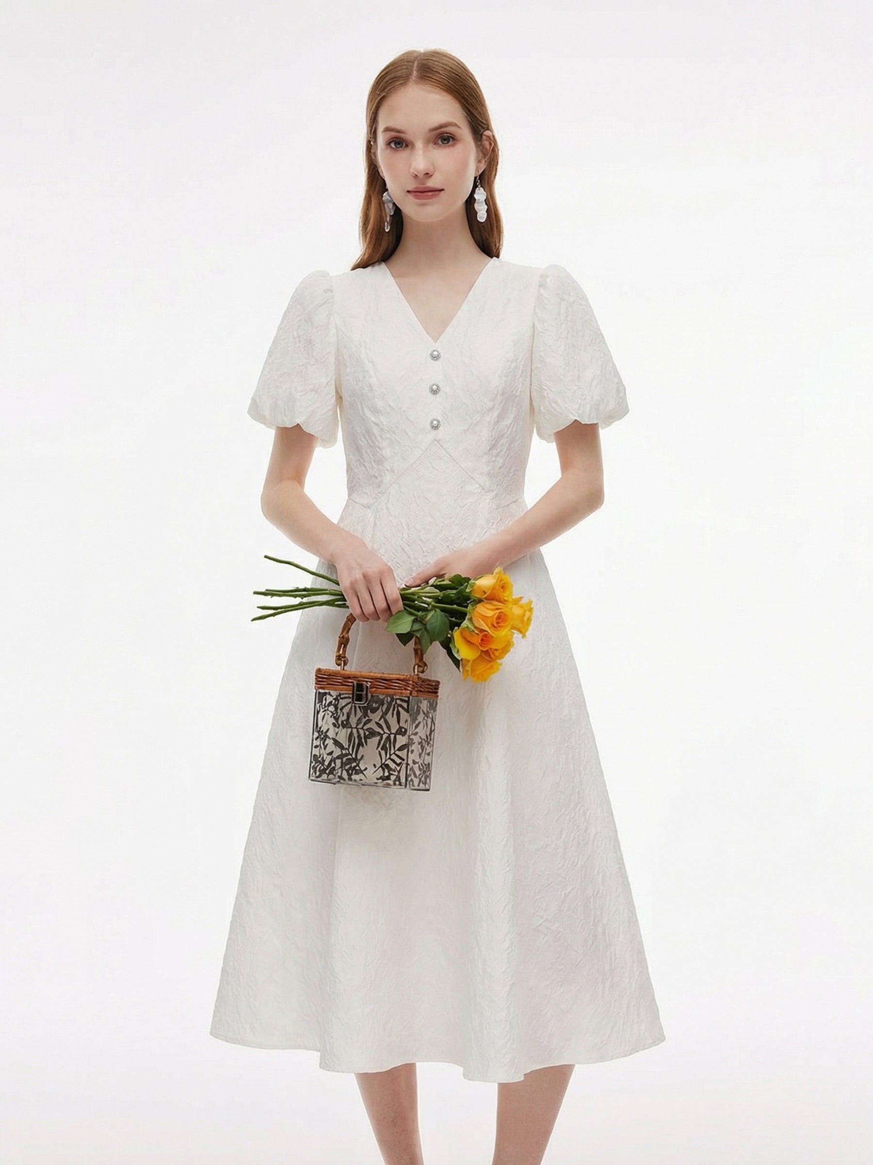 [Preview] Jacquard V-Neck Women Puff Sleeve Maxi Dress GOELIA