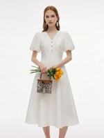 [Preview] Jacquard V-Neck Women Puff Sleeve Maxi Dress GOELIA