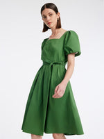 Green Square Neck Puff Sleeve A-Line Mini Dress GOELIA