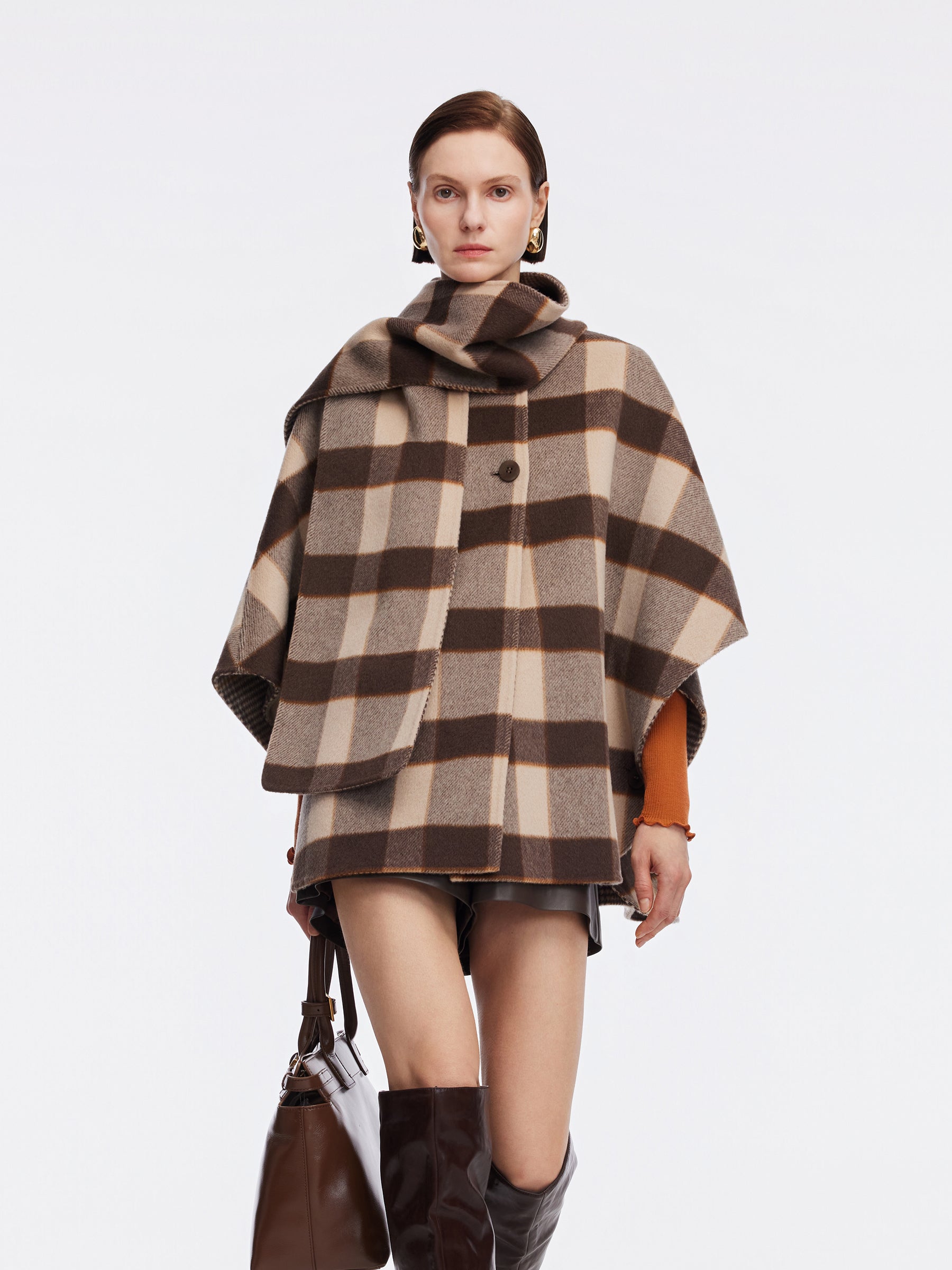 Cashmere Wool Plaid Double-Faced Reversible Women Cape Coat With Scarf GOELIA