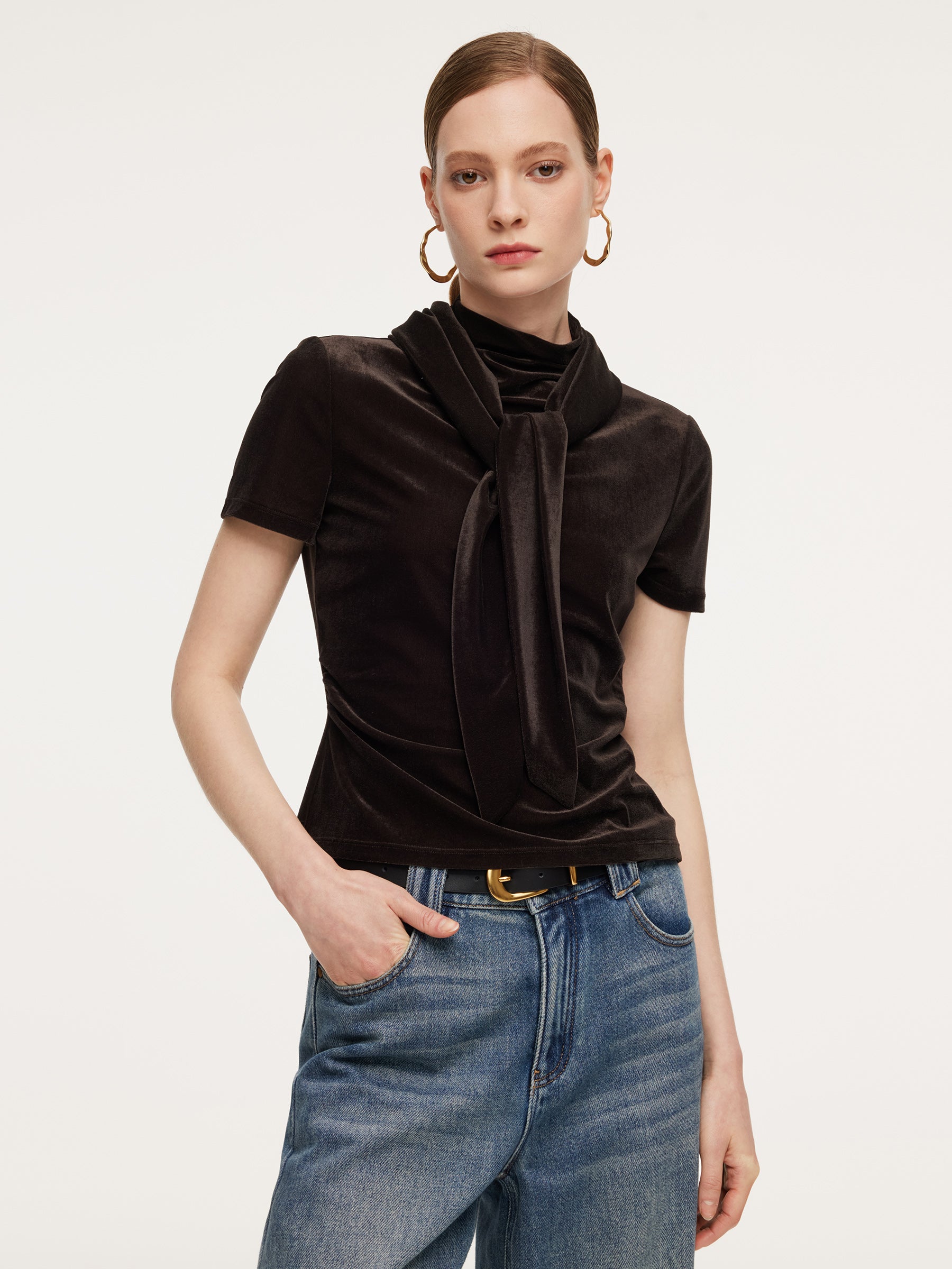 [Preview] Mock Neck Ruched Women Knit Top With Triangle Scarf GOELIA