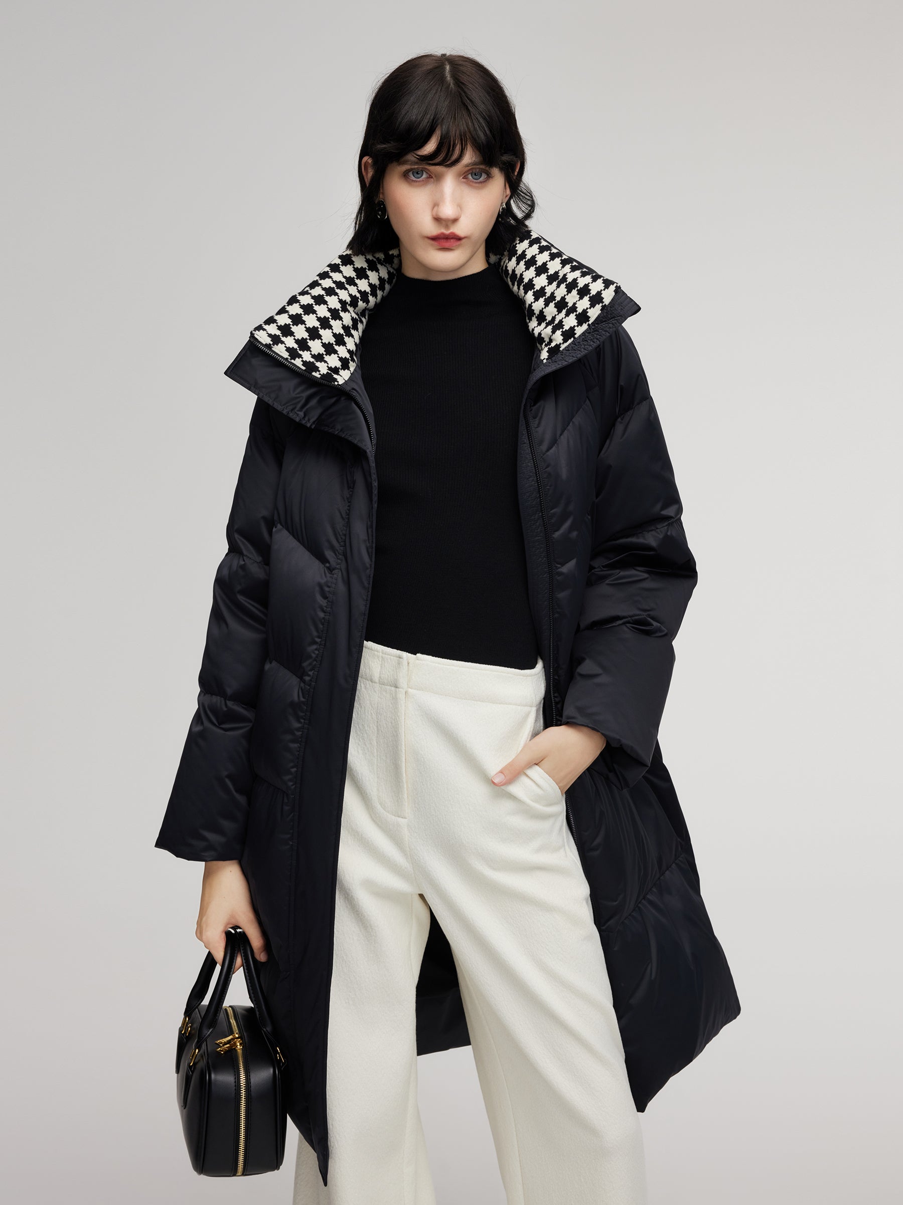 [Preview] Patchwork Knit Collar Hooded Long Goose Down Coat GOELIA