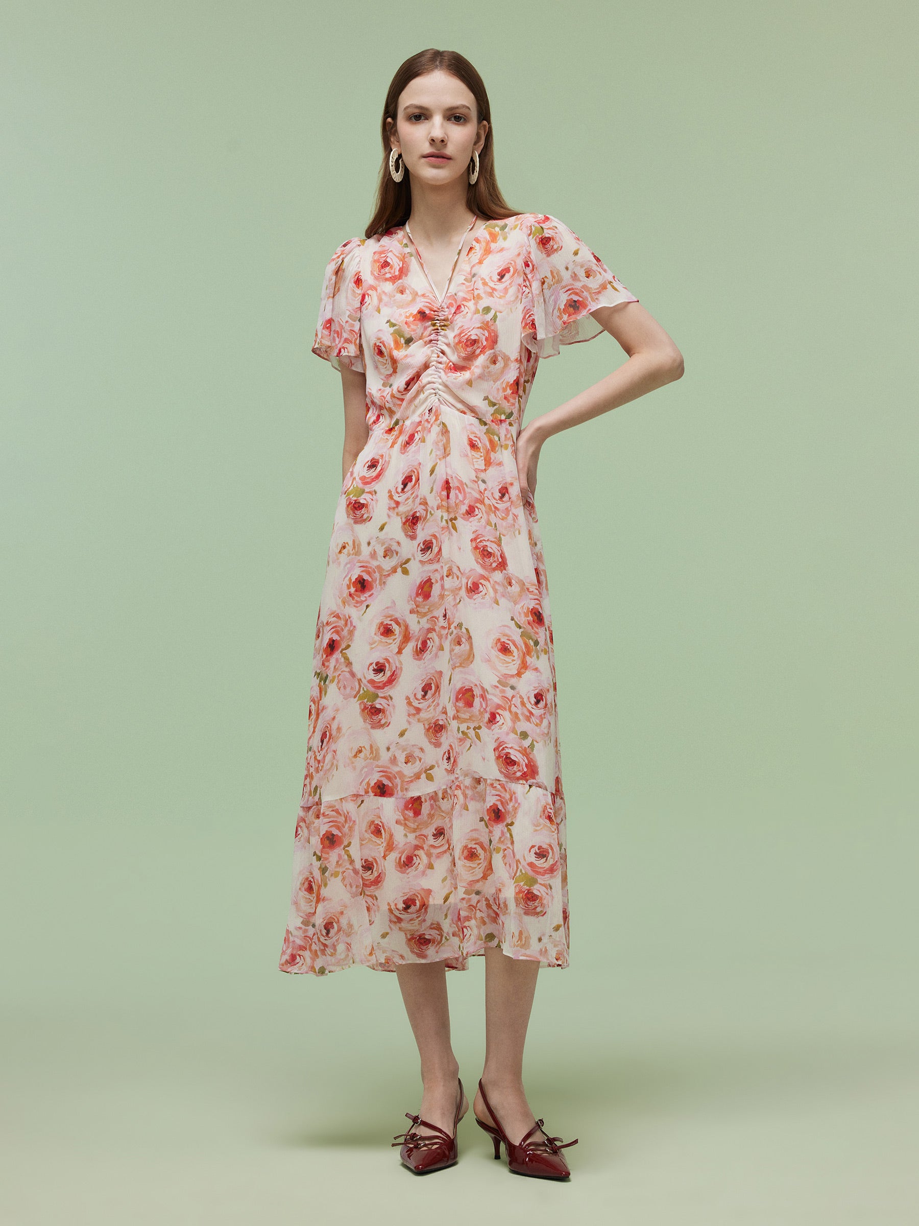 10MM Mulberry Silk Rose Print Smocked Drawstring Front Women Maxi Dress GOELIA