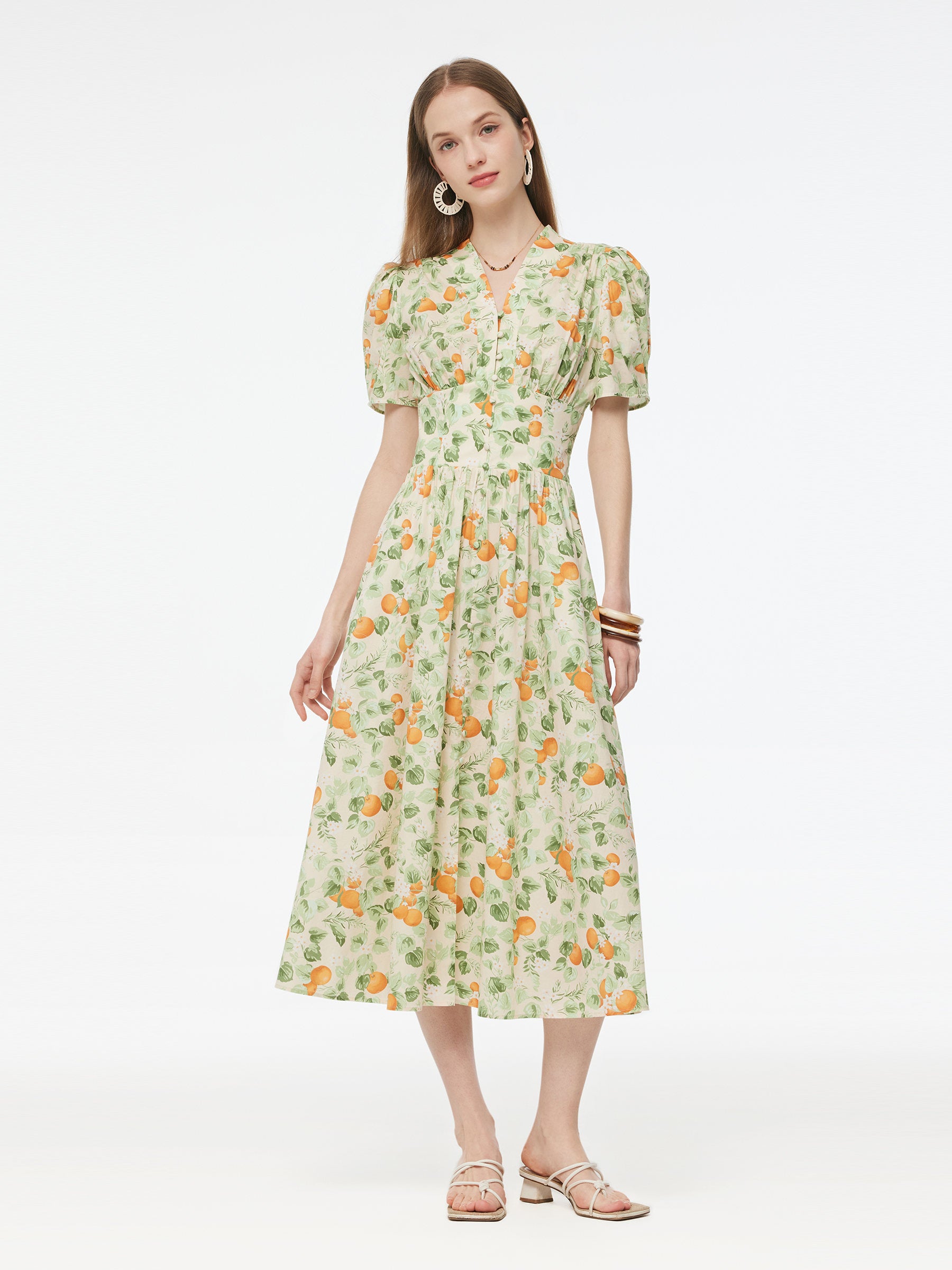 Cotton Gathered Waist Floral Print Women Maxi Dress GOELIA