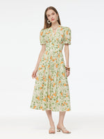 Cotton Gathered Waist Floral Print Women Maxi Dress GOELIA