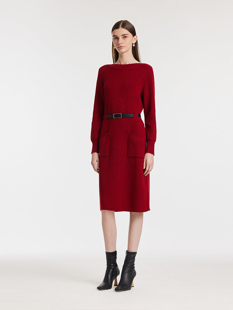 Slash Neck Knitted Women Midi Dress With Belt GOELIA