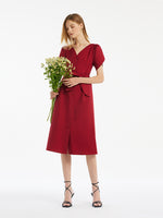 Petal Sleeves Gathered Waist V-Neck Women Midi Dress With Belt GOELIA