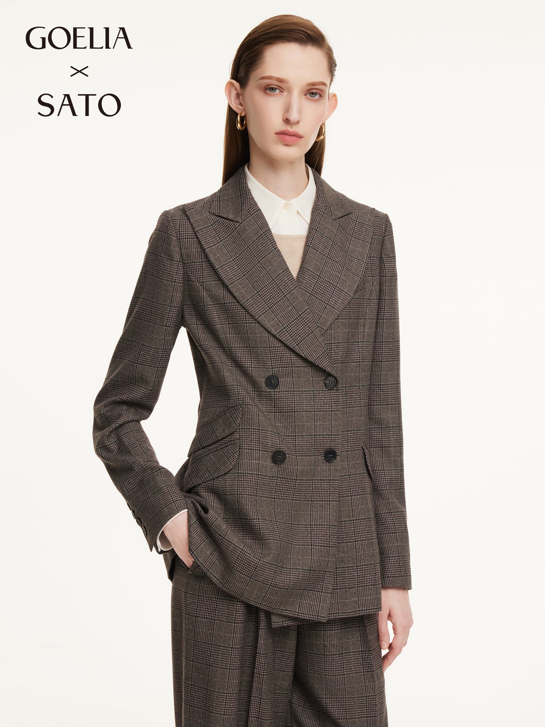 Brown Plaid Gather-Waisted Women Blazer GOELIA