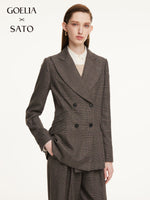 Brown Plaid Gather-Waisted Women Blazer GOELIA