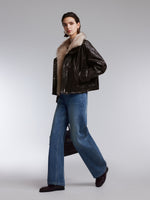 [Preview] PU Leather Goose Down Jacket With Detachable Faux Fur Collar GOELIA