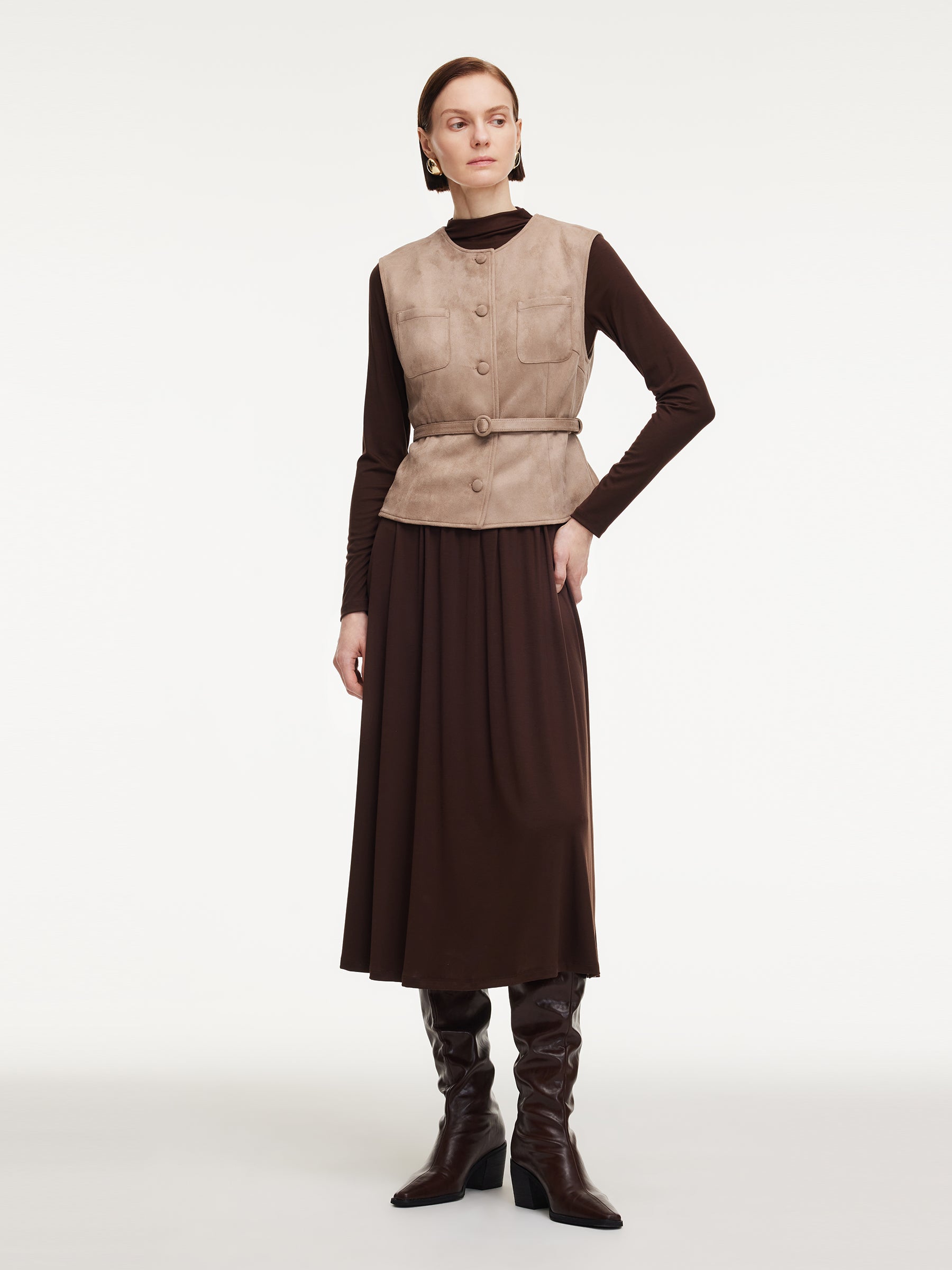 [Preview] Faux Suede Vest And Knit Dress Two-Piece Set With Belt GOELIA