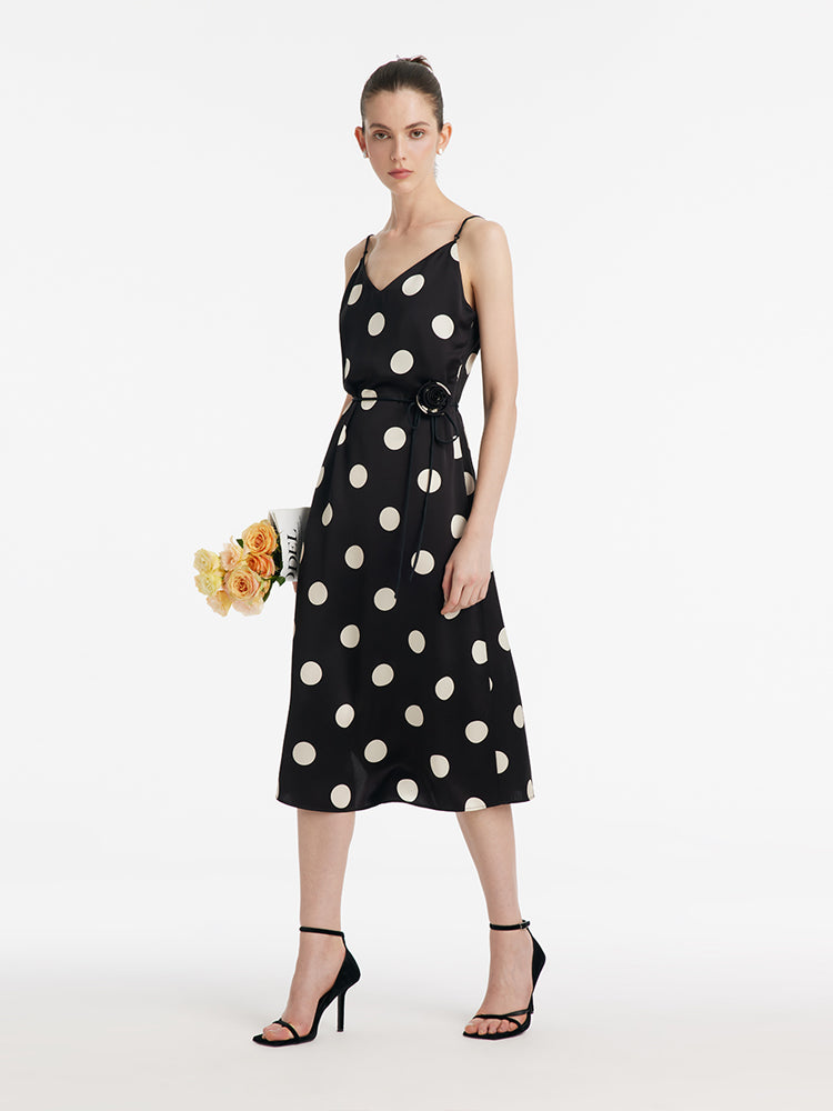 Acetate Polka Dots Printed Spaghetti Strap Women Midi Dress With Rose Belt GOELIA
