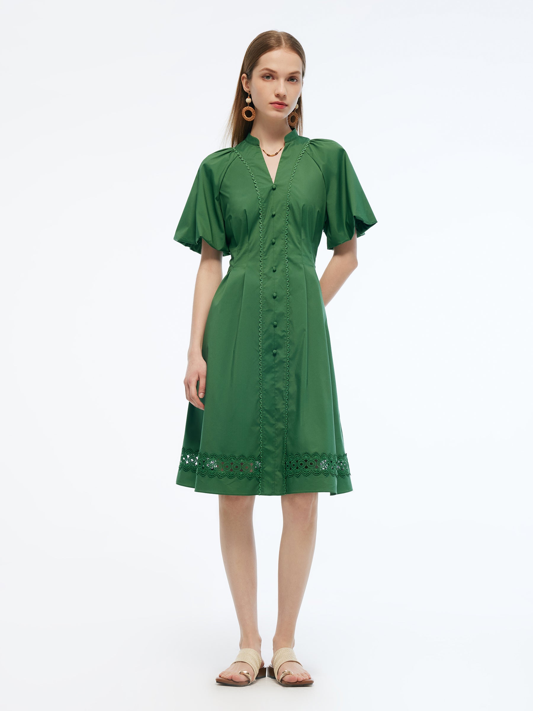 Gathered Waist Puff Sleeve Women Midi Dress GOELIA