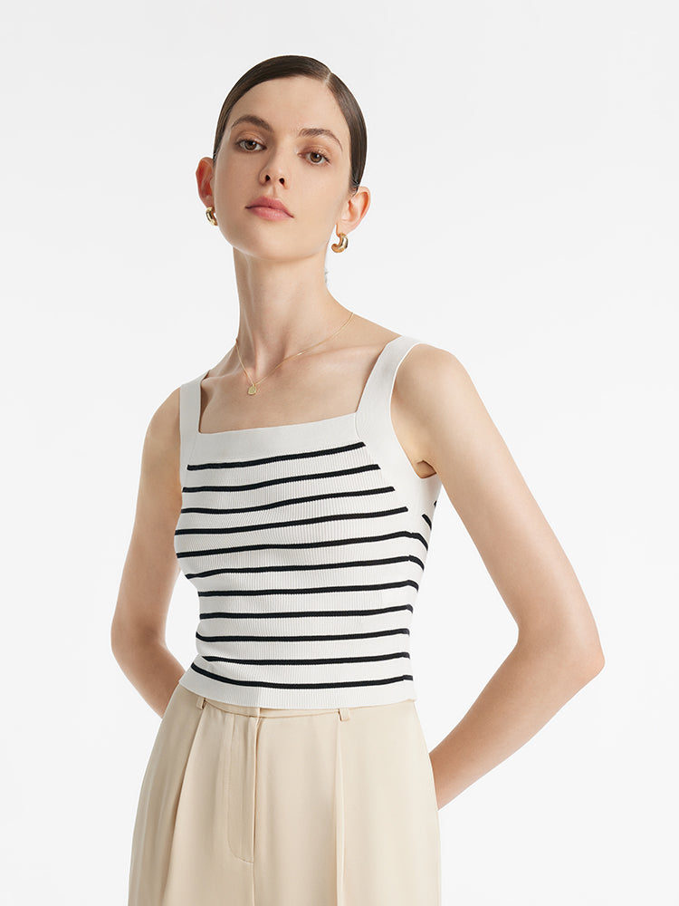 Lyocell Blend Stripe Square Neck Women Knit Top