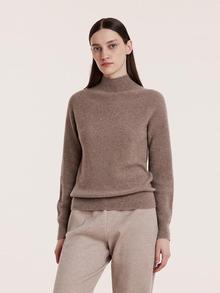 Coffee Seamless Mock Neck Cashmere Sweater GOELIA