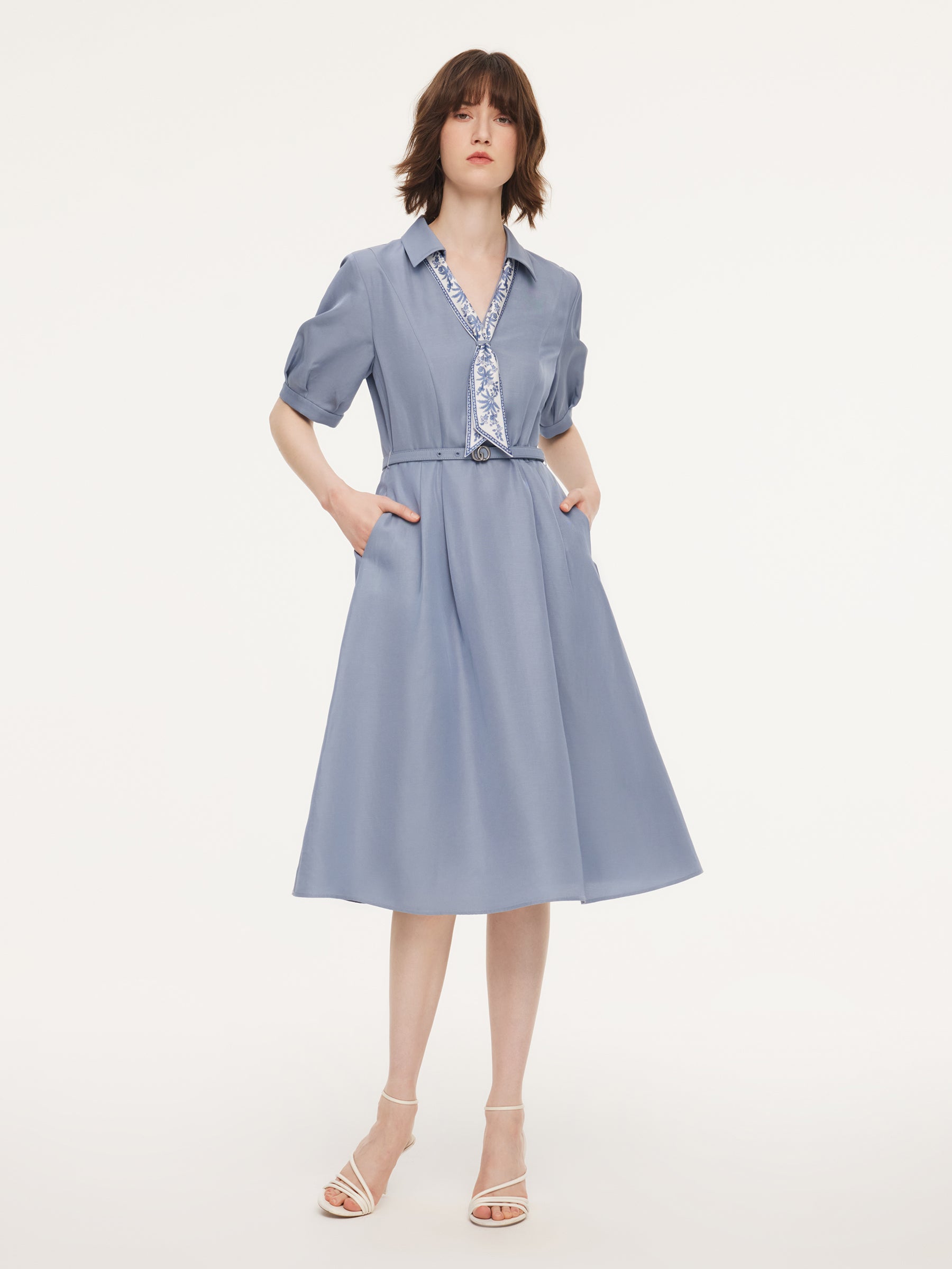 Acetate Tencel Linen Blend Women Maxi Dress With Silk Scarf And Belt GOELIA