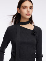 Asymmetrical Hem Knit Scarf Top And A-Line Skirt Two-Piece Set With Detachable Flower GOELIA