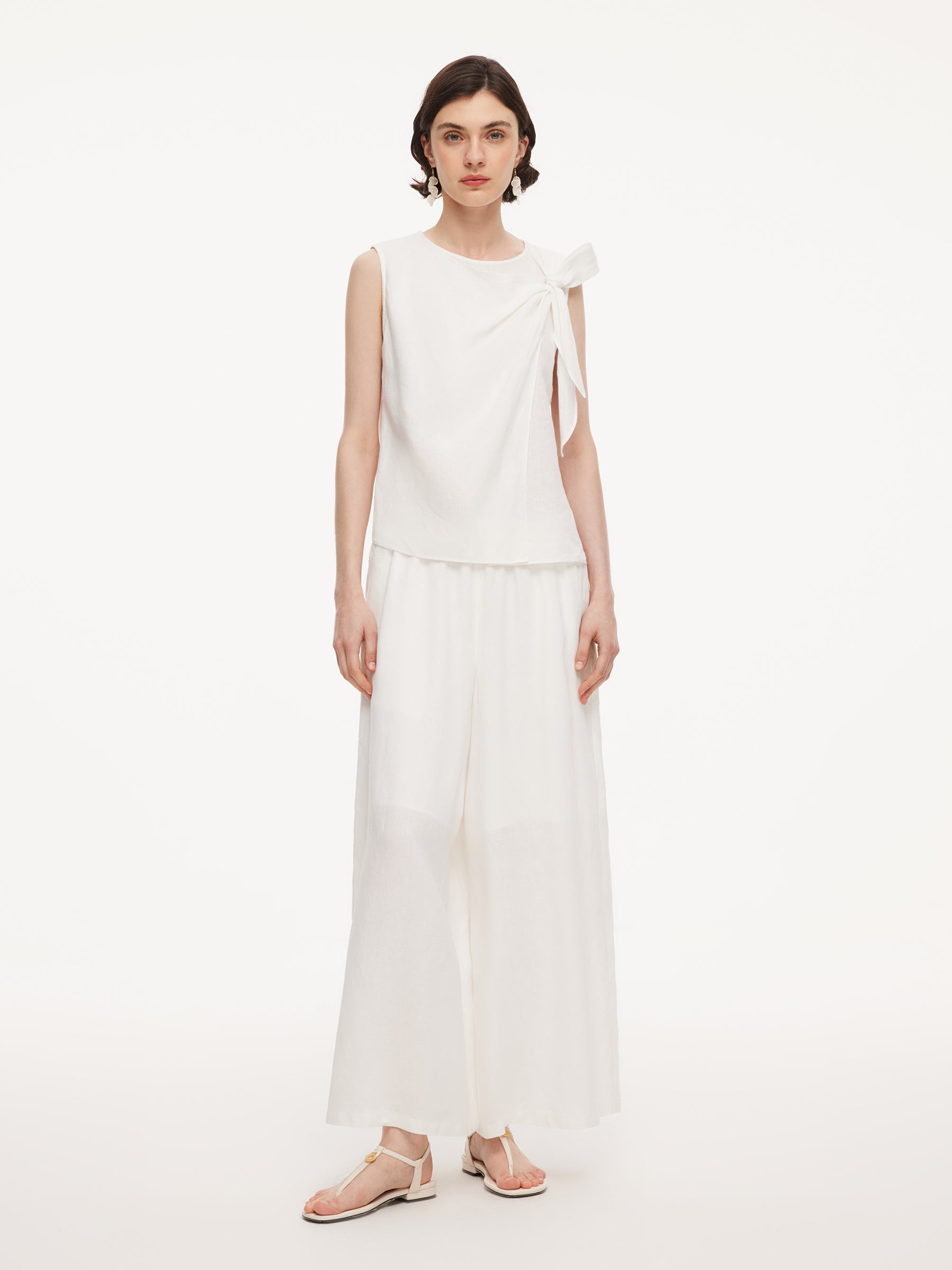 100% Linen Front Knot Tank Top And Pants Two-Piece Set GOELIA