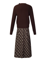 [Preview] V-Neck Knit Top And Plaid Skirt Two-Piece Set With Ribbon GOELIA