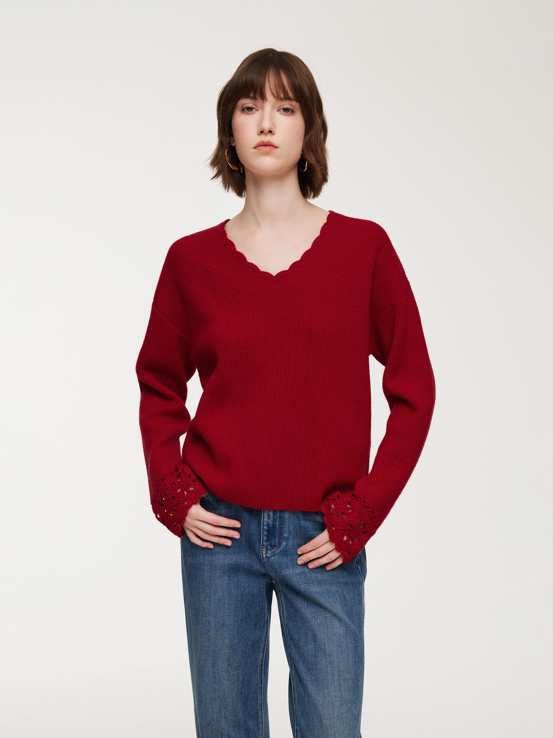 100% Wool V-Neck Women Sweater GOELIA