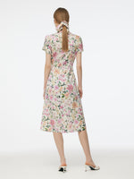 19MM Mulberry Silk Floral Print Side Twist Women Qipao Midi Dress GOELIA
