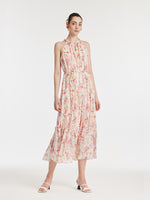 10 Momme Mulberry Silk Iris Printed Halter Ruffle Women Maxi Dress GOELIA