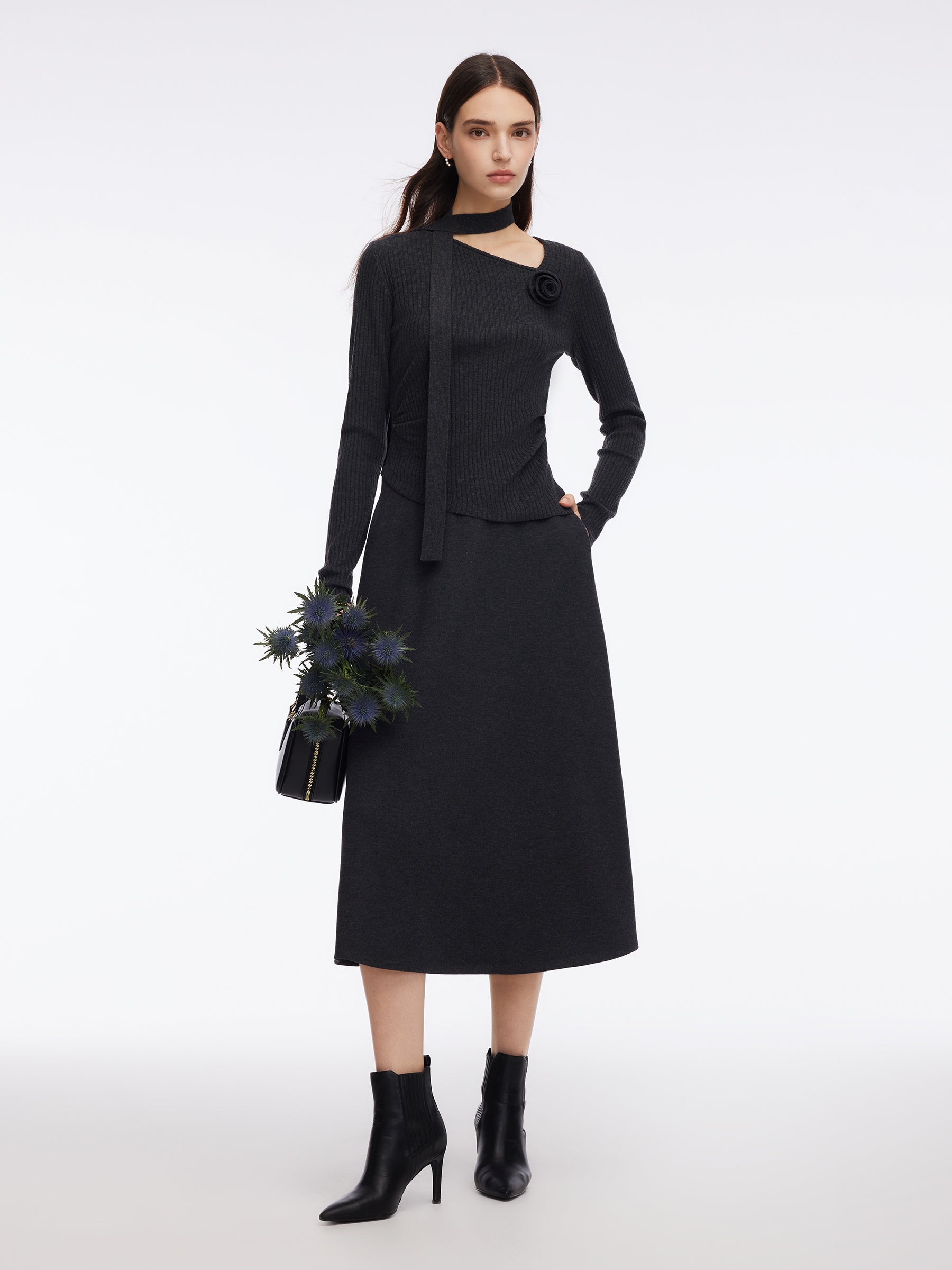 Asymmetrical Hem Knit Scarf Top And A-Line Skirt Two-Piece Set With Detachable Flower GOELIA