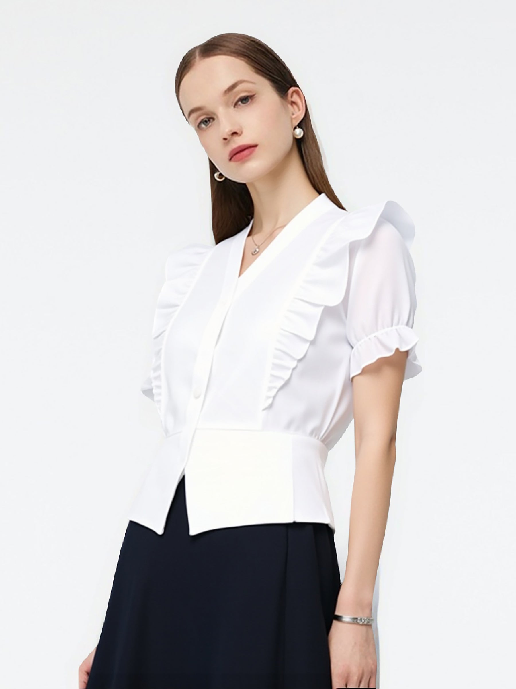 Lyocell Cotton Blend Ruffle Patchwork Women V-Neck Knit Top GOELIA