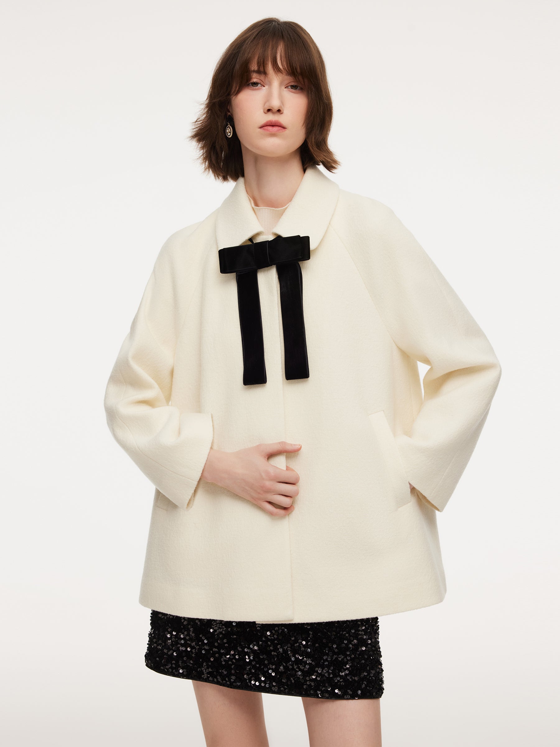 100% Wool Women Coat With Detachable Bowknot GOELIA