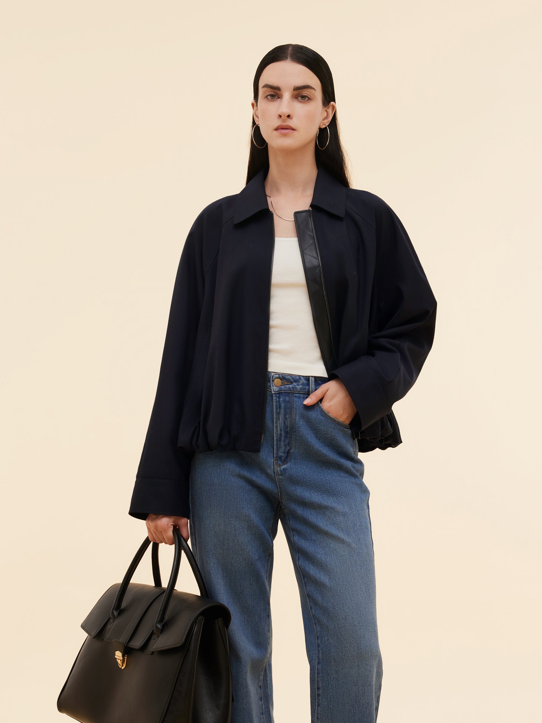Worsted Wool Blend Zip-Up Women Jacket GOELIA