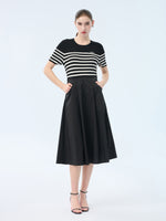 Lyocell Blend Stripe Patchwork Women Midi Dress With Belt GOELIA