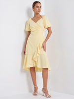 100% Cotton Ruffle Puff Sleeve Women Wrap Midi Dress GOELIA