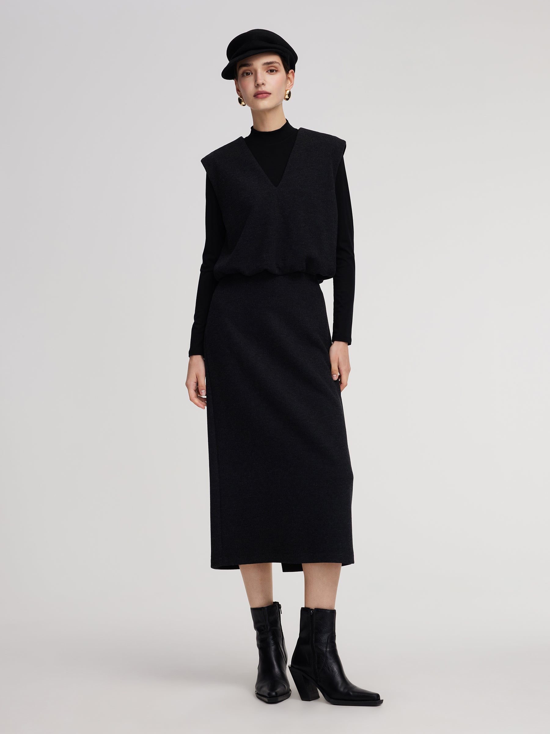 Knit Vest & Mock Neck Top & Skirt Three-Piece Set GOELIA