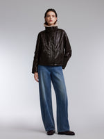 [Preview] PU Leather Goose Down Jacket With Detachable Faux Fur Collar GOELIA