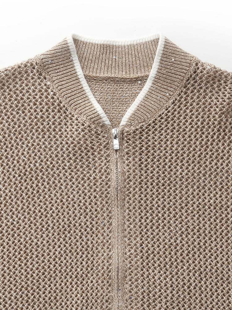 Linen Openwork Sequins Zip-Up Women Jacket GOELIA