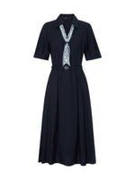 Linen Blend V-Neck Women Midi Dress With Silk Scarf And Belt GOELIA