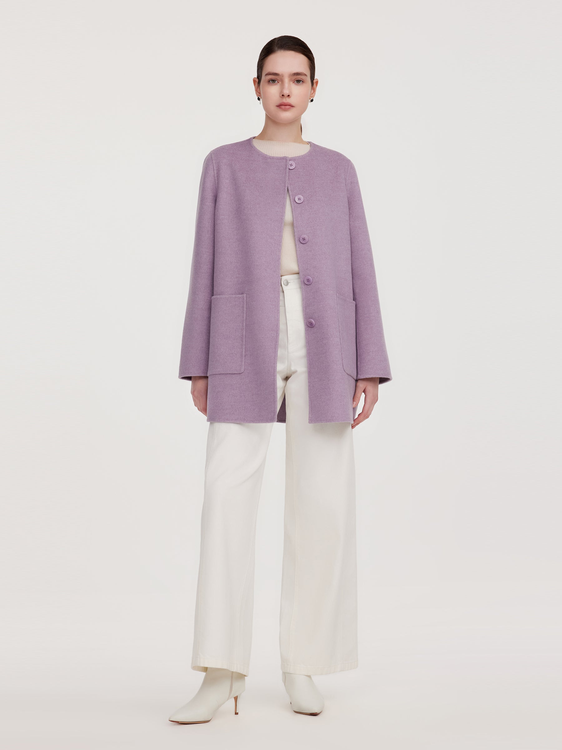 100% Wool Double-Faced Women Coat With Fringe Scarf GOELIA