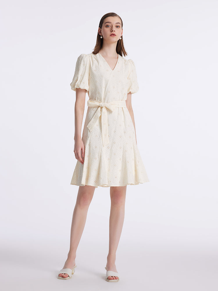Puff Sleeves Ruffle Embroidered Women Mini Dress With Belt GOELIA