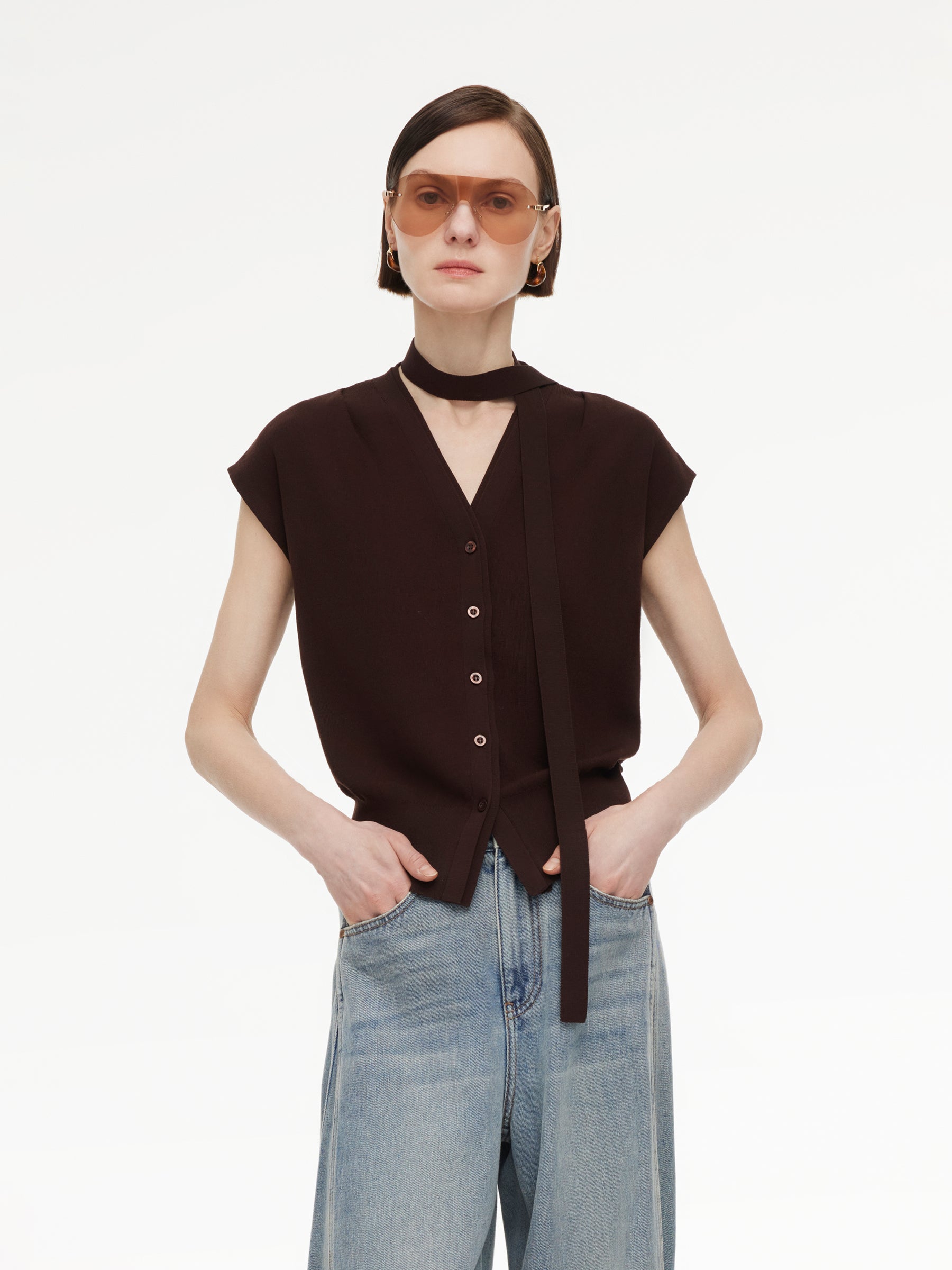 [Preview] Lyocell Blend V-Neck Women Knit Top With Ribbon GOELIA