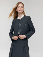 Wool Blend Crop Jacket And A-Line Skirt Two-Piece Set With Leather Belt GOELIA