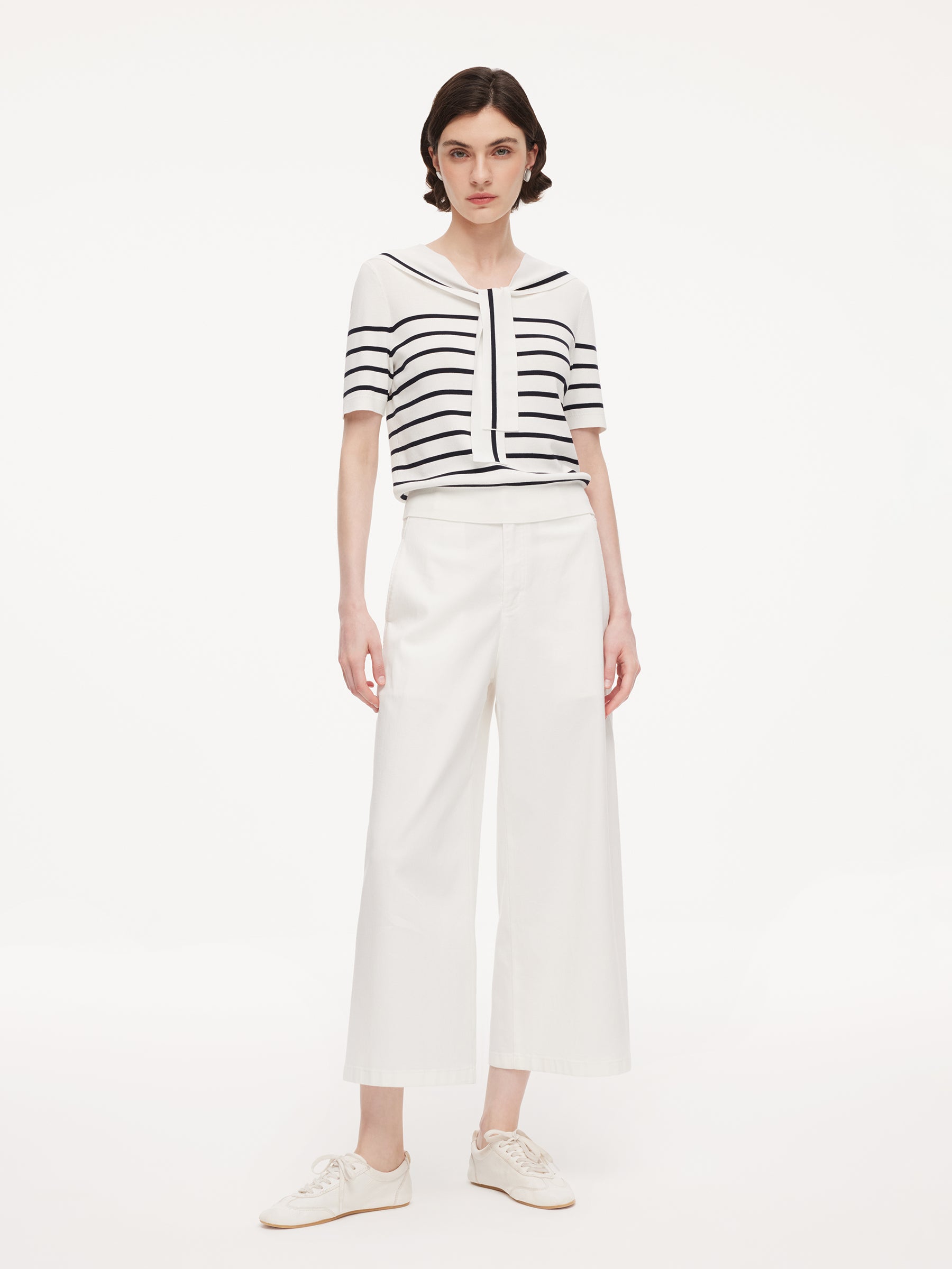 Lyocell Blend Stripe Women Knit Top With Detachable Sailor Collar GOELIA
